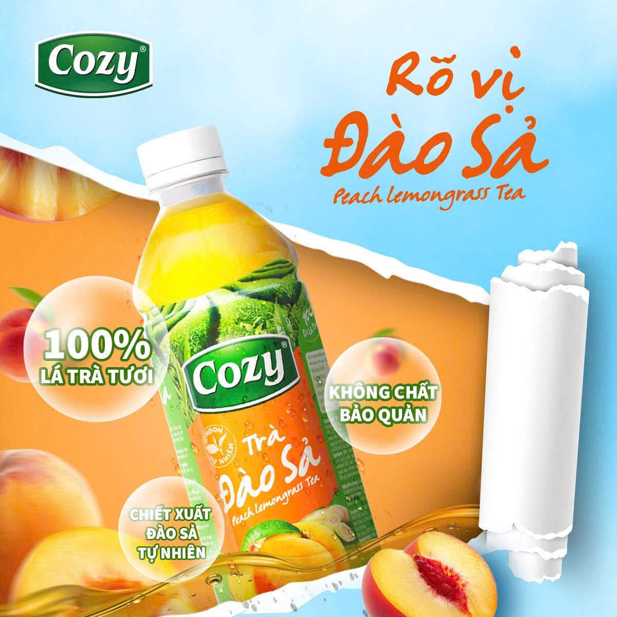 TRÀ ĐÀO SẢ - Cozy chai〔 95¥/chai 〕Nguyên thùng (350ml x 24 chai)【ベトナム産】桃茶 Vietnamese Instant Peach Tea ชาพีช