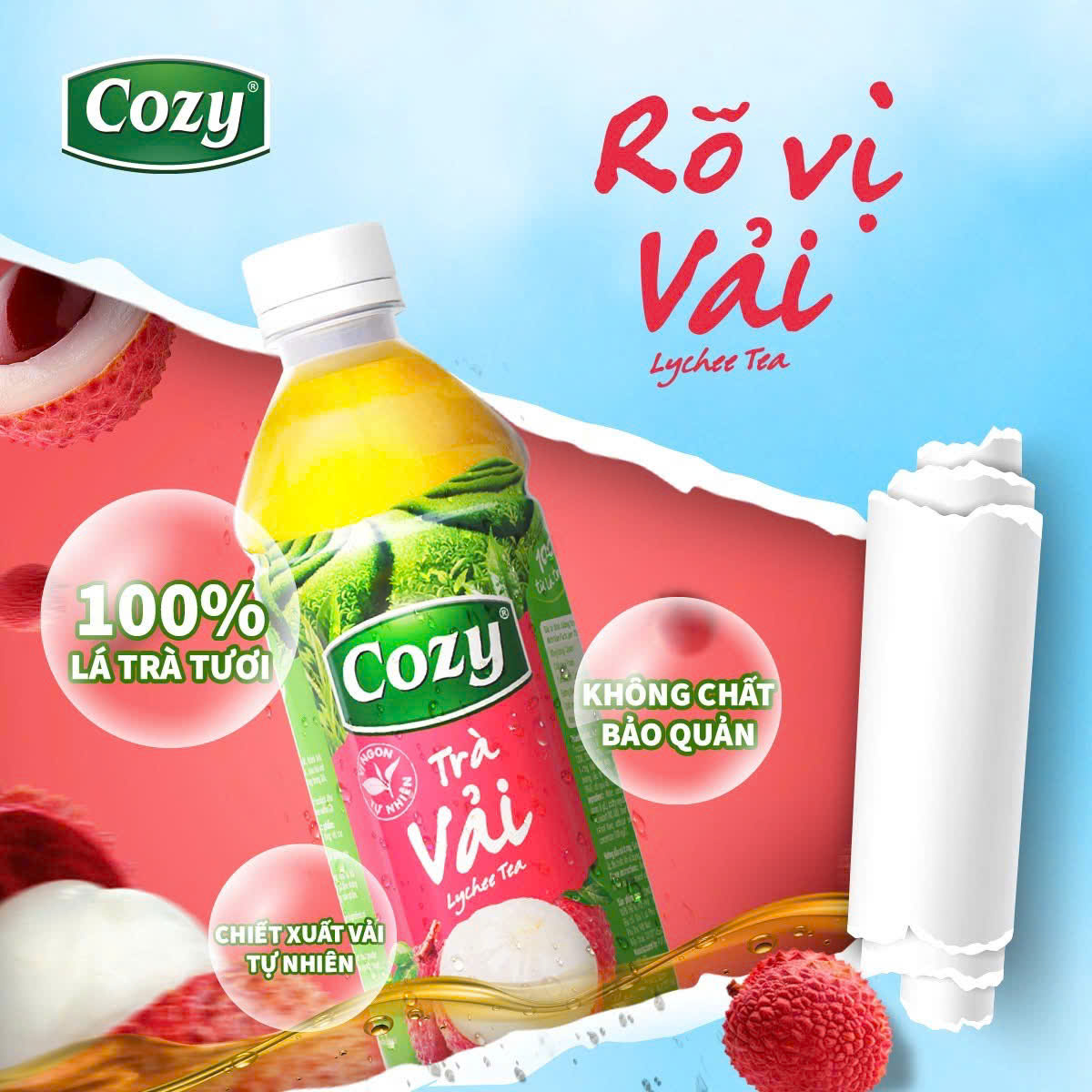 TRÀ VẢI - Cozy chai〔98¥/chai 〕Nguyên thùng (350ml x 24 chai)【ベトナム産】ライチ茶 Vietnamese Instant Lychee Tea ชาลิ้นจี่